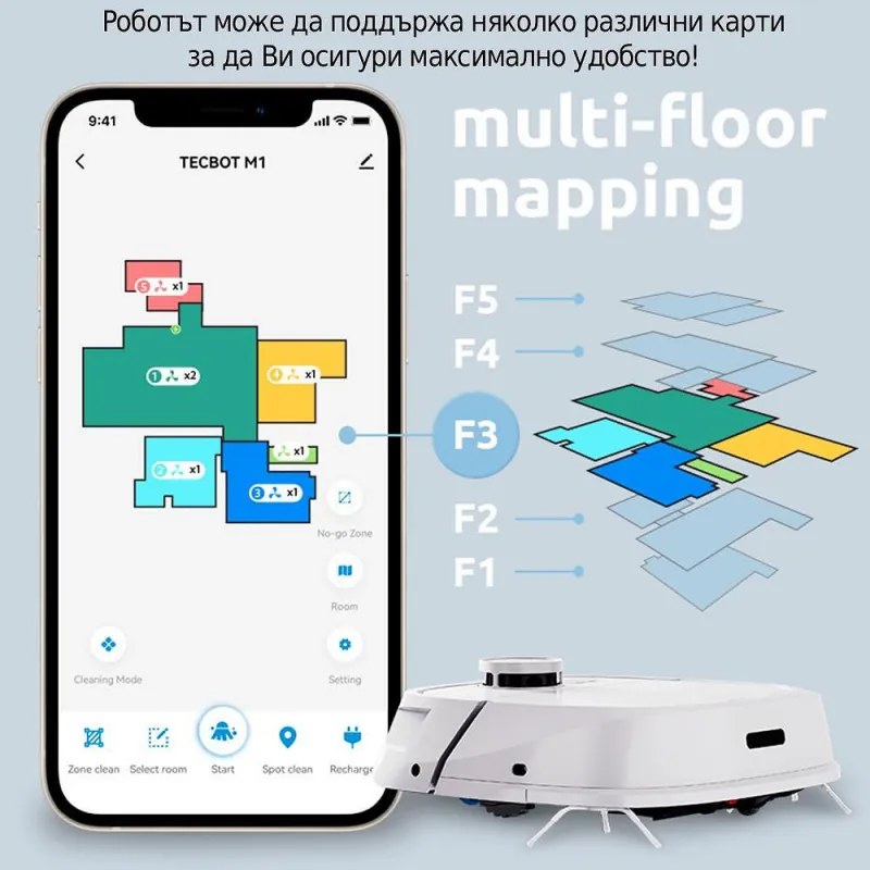 Robot aspirator Tecbot M1, Li-ion 5200 mAh, 4000 Pa, 0.5 l, HEPA, Wi-Fi, Autonomie pana la 160 min, Mop cu auto-curățare, Negru