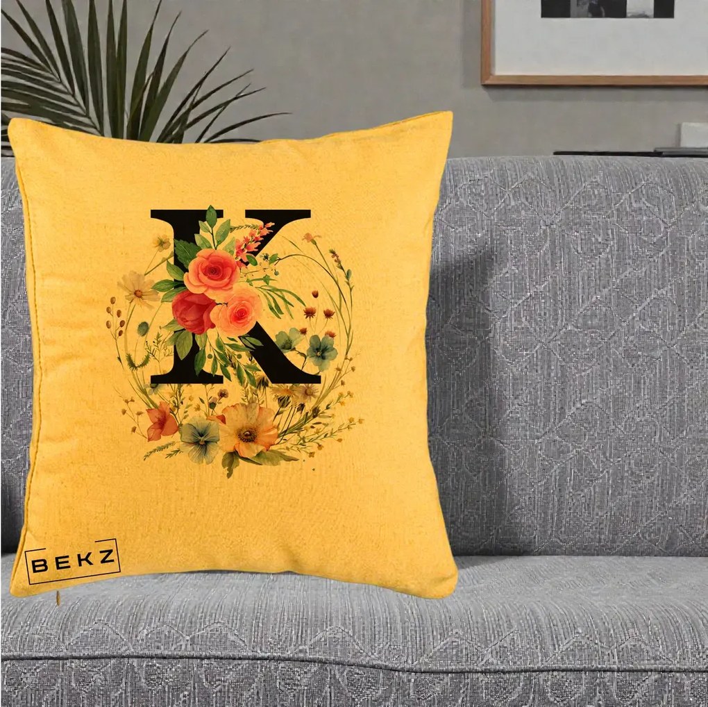 Cadou Personalizat - Perna Personalizata Monogram Litera K cu Flori Acuarela, 40x40 cm, Galben, Husa Detasabila, Perna Inclusa, BEKZ®