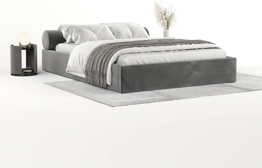 Pat matrimonial gri închis tapițat cu spațiu de depozitare cu somieră 200x200 cm Solvo – Maison de Rêve