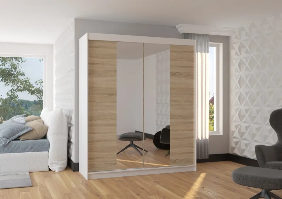 Dulap cu usi glisante si oglinda 180x215 cm, Balance, ADRK Furniture (Culoare: Alb / Sonoma)