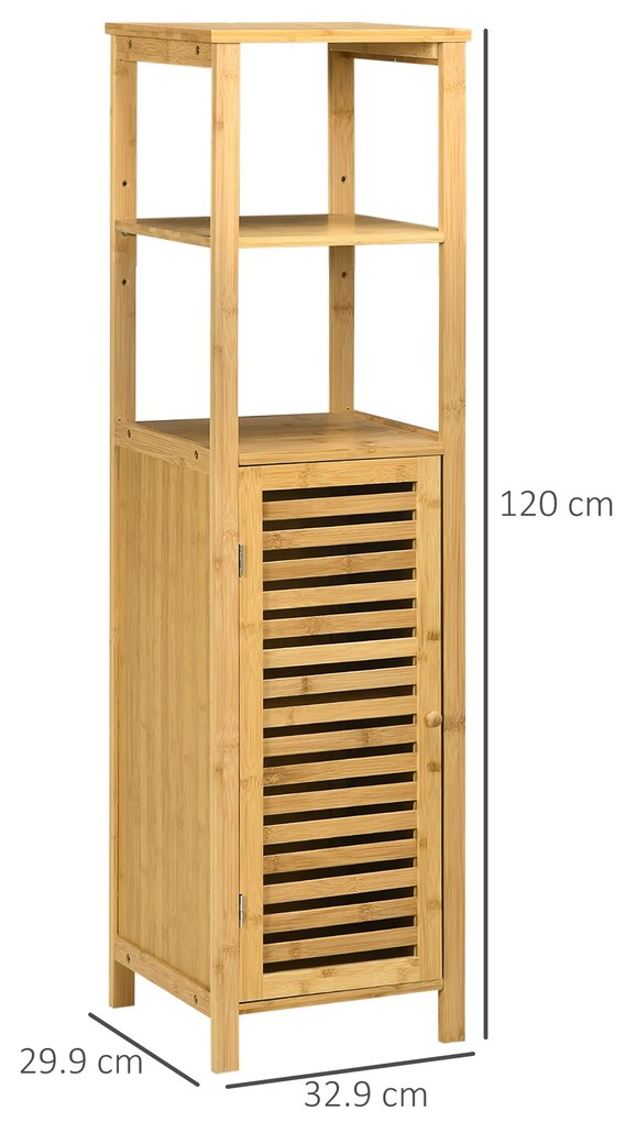 Kleankin Dulap Baie din Bambus, Dulap de Baie cu 2 Rafturi Deschise și Dulap cu Uși, Bambus Natural | Aosom Romania