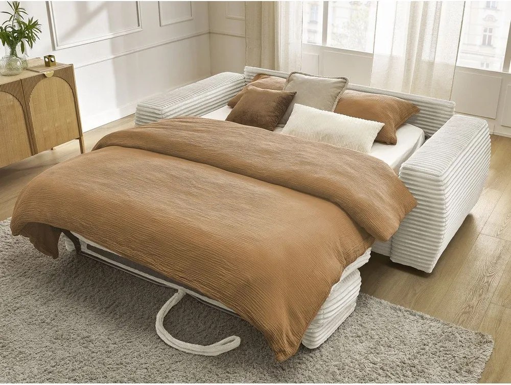 Canapea bej pentru dormitul zilnic/extensibilă cu tapițerie din catifea reiată 240 cm Hugo – Bobochic Paris