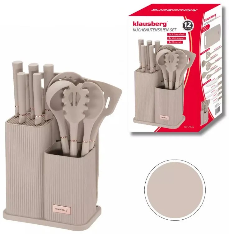 Set cutite si ustensile Klausberg KB 7935, Tocator si suport, 12 piese, Bej