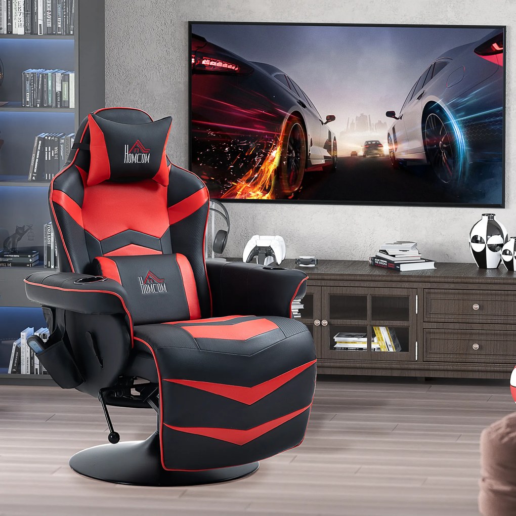 HOMCOM Fotoliu de gaming, Funcție de masaj, spătar înclinabil, suport de picioare, până la 120 kg, cadru din oțel, piele ecologică, Roșu | Aosom Romania