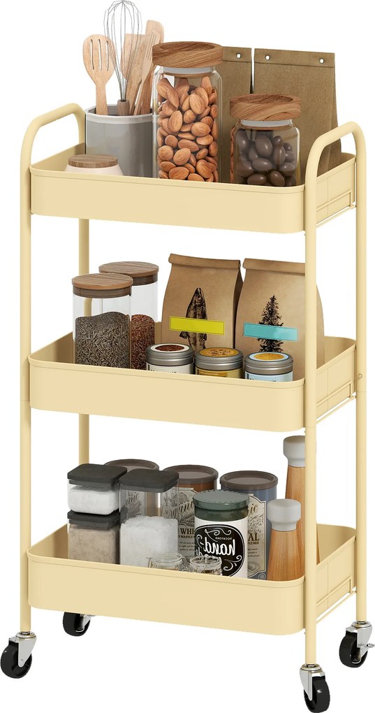 HOMCOM Cărucior auxiliar pe roți cu 3 niveluri Cărucior de bucătărie cu 3 coșuri și 2 mânere 45x30,6x79 cm Galben | Aosom Romania