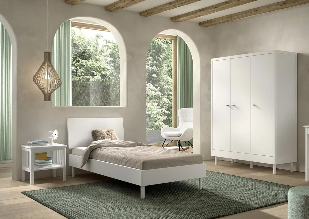 Set Mobilier Camera Copii Forrest Beech, Pat 90x200 cm, Dulap cu 3 Uși și Noptieră, din Lemn de Fag Lăcuit Alb – Vipack