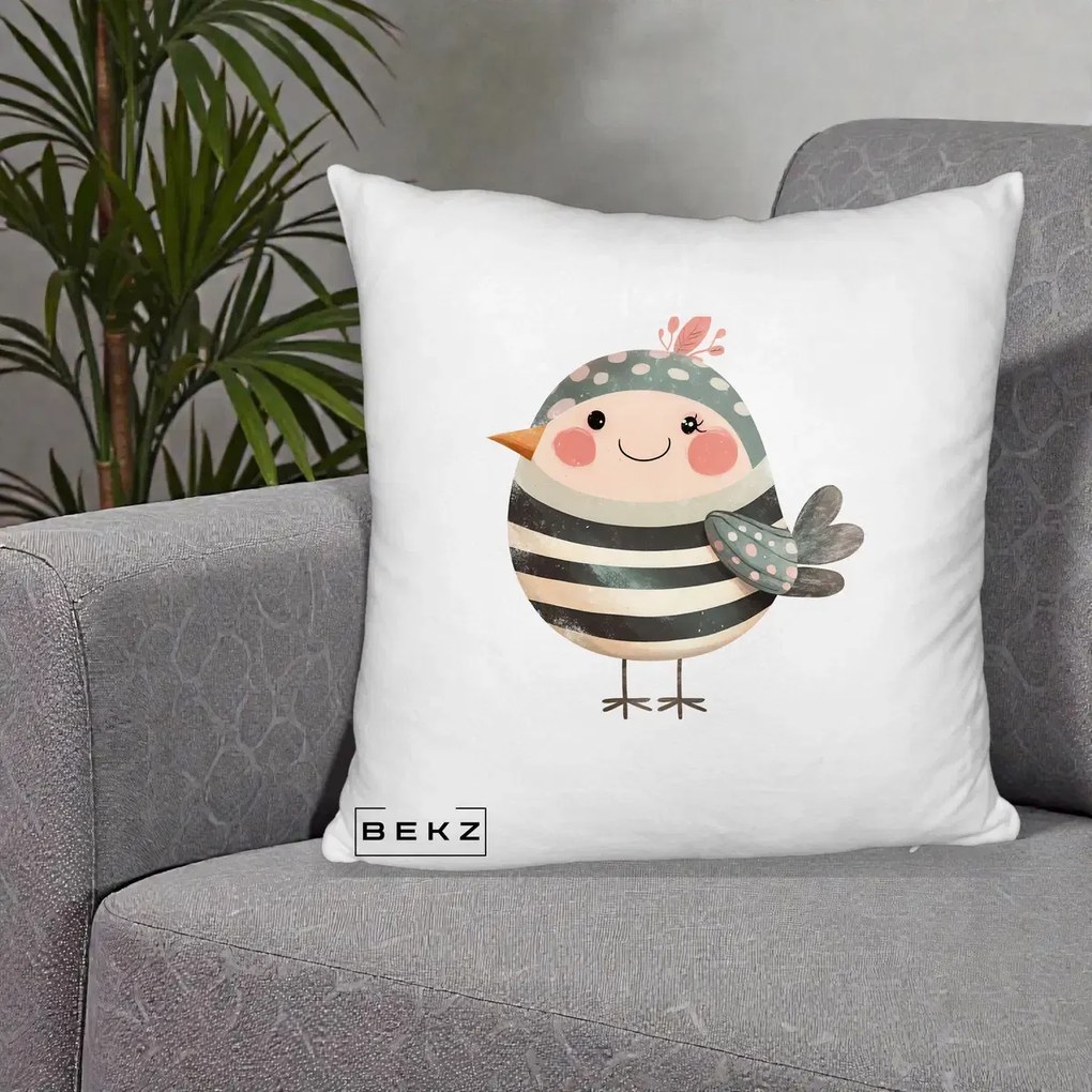 Perna Decorativa Pui Kawaii Teal cu Flori, 40x40 cm, Alb Pufos, Husa Detasabila, Perna Inclusa, BEKZ®