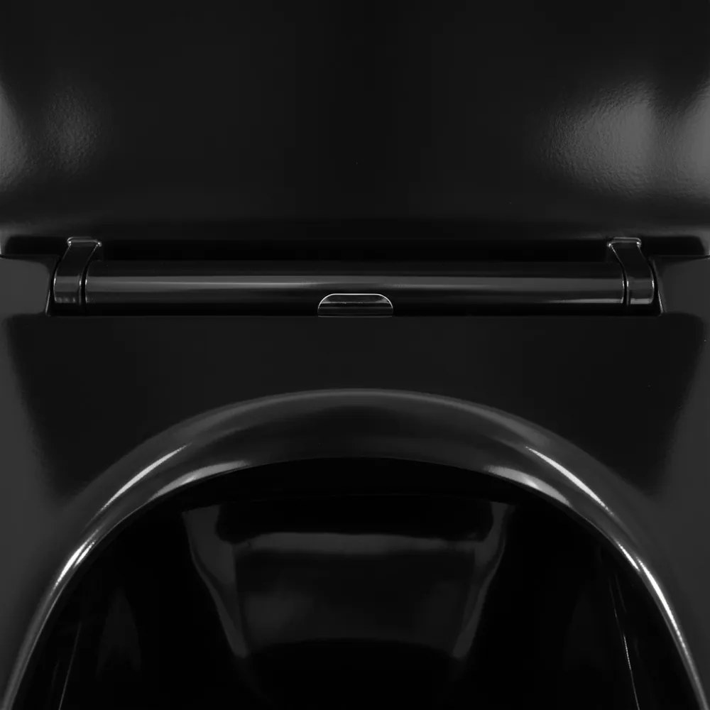 Tina toaletă fără margine montată pe perete cu scaun cu închidere moale negru