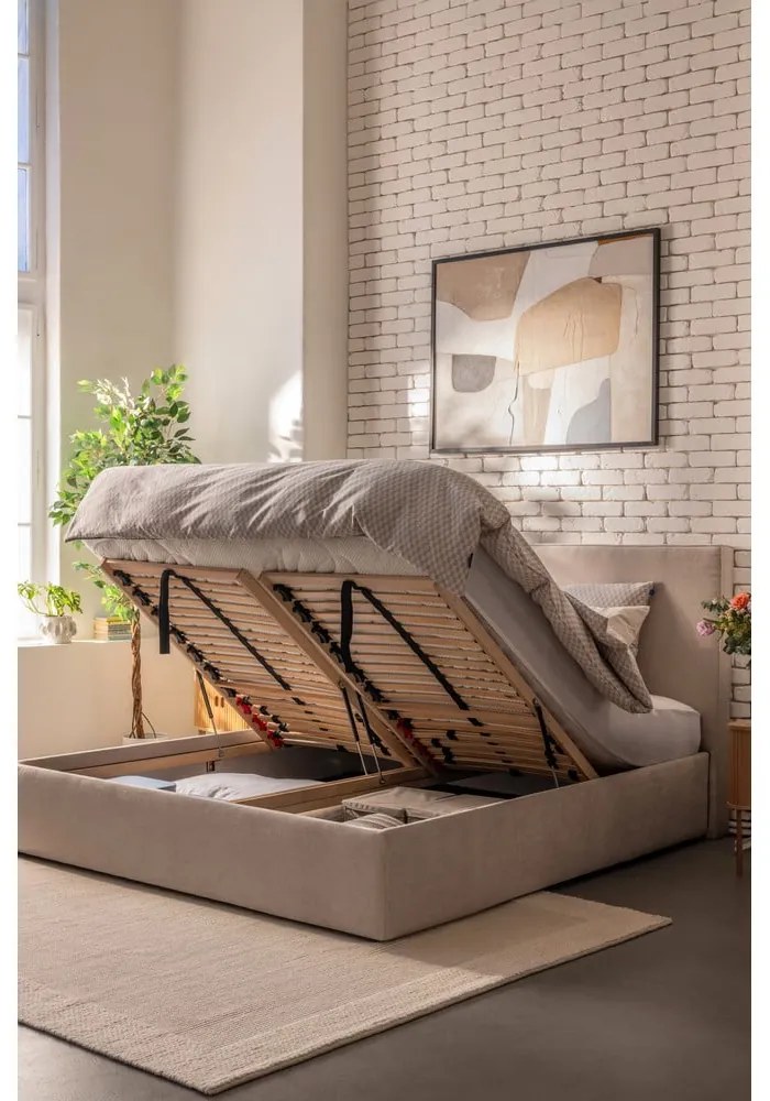 Pat dublu tapițat bej cu spațiu de depozitare cu saltea/ grătar 160x200 cm Thessa Pillow - Bonami Selection