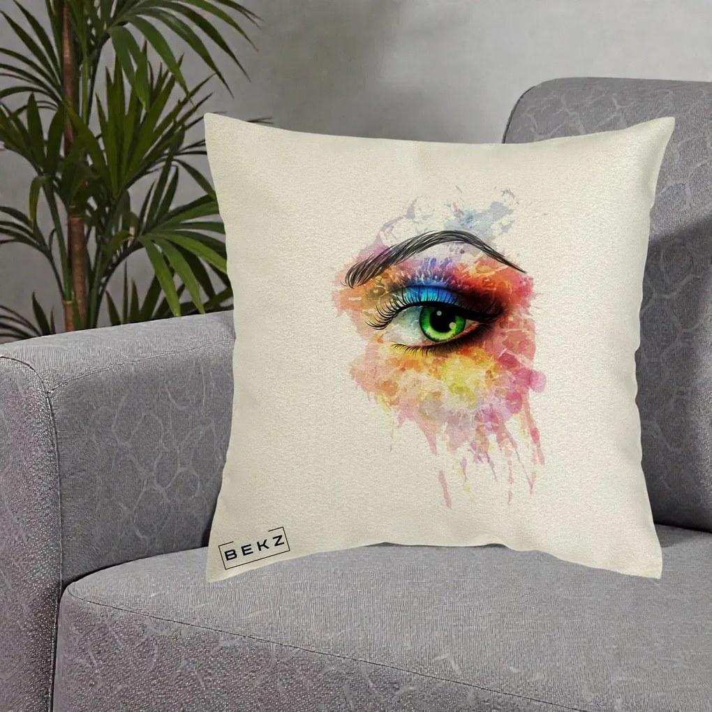 Perna Decorativa Ochi Verde Acuarela, 40x40 cm, Ecru, Husa Detasabila, Perna Inclusa, BEKZ®
