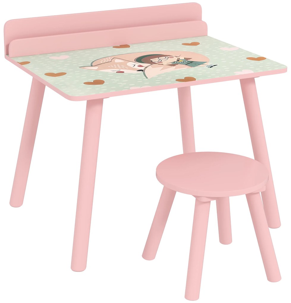 AIYAPLAY Set masă și scaun pentru copii, masă pentru copii cu scaun și suport pentru cărți, modele ursuleț, pentru copii 3-8 ani, roz | Aosom Romania