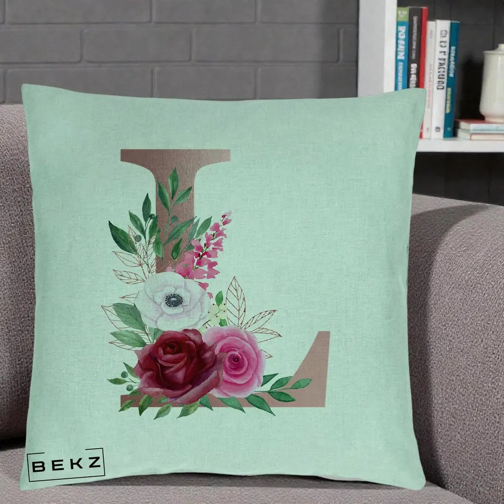 Cadou Personalizat - Perna Personalizata Monograma Rose Gold Litera L, 40x40 cm, Verde Menta, Husa Detasabila, Perna Inclusa, BEKZ®