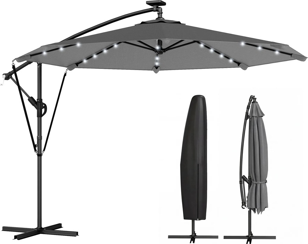 Outsunny Umbrelă Excentrică cu Lumină LED Solară 330x295 cm Umbrelă cu Bază Încrucișată Manivelă Husă Protectoare Gri Închis | Aosom Romania