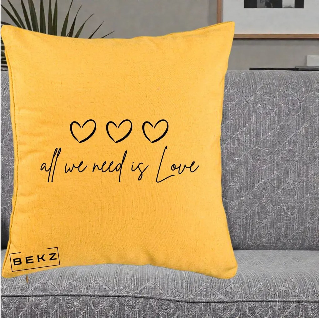 Perna Decorativa All We Need Is Love, 40x40 cm, Galben, Husa Detasabila, Perna Inclusa, BEKZ®