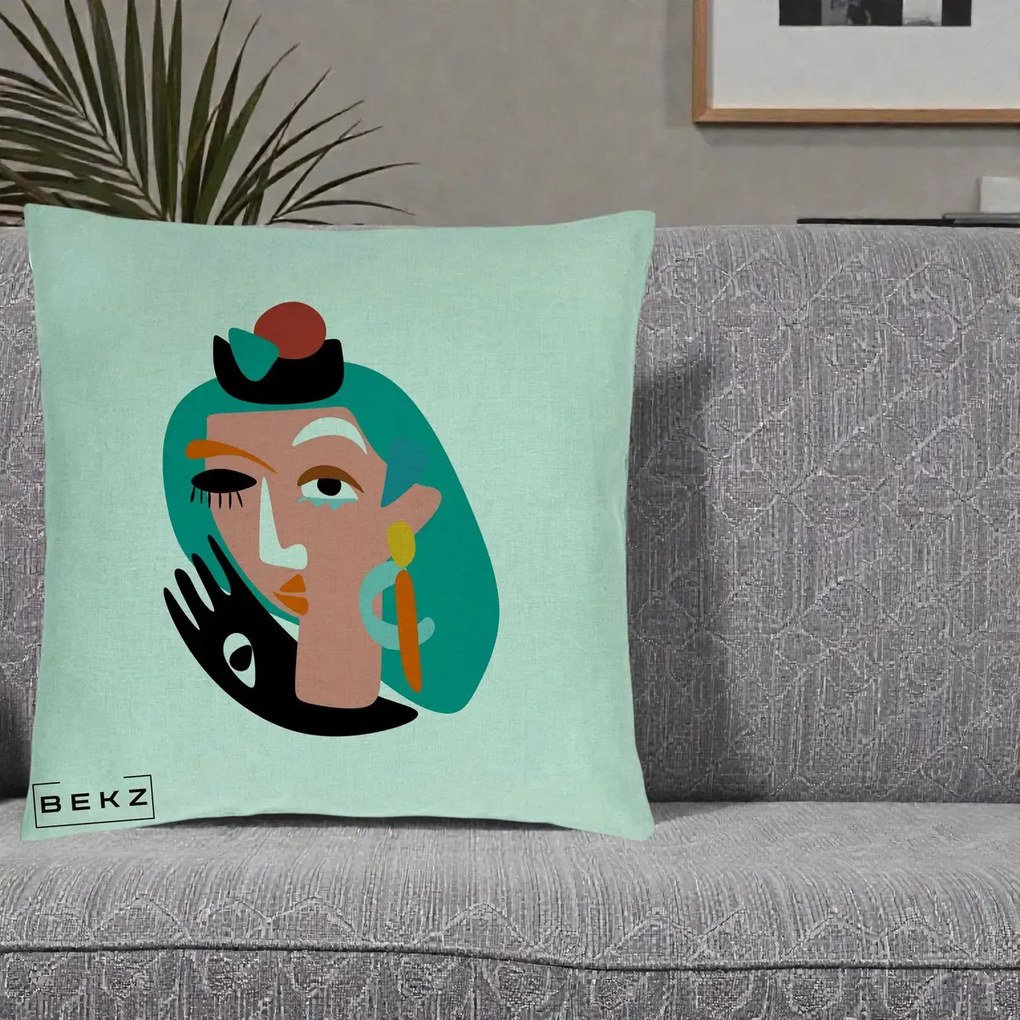 Perna Decorativa Portret Abstract Matisse Turcoaz, 40x40 cm, Verde Menta, Husa Detasabila, Perna Inclusa, BEKZ®