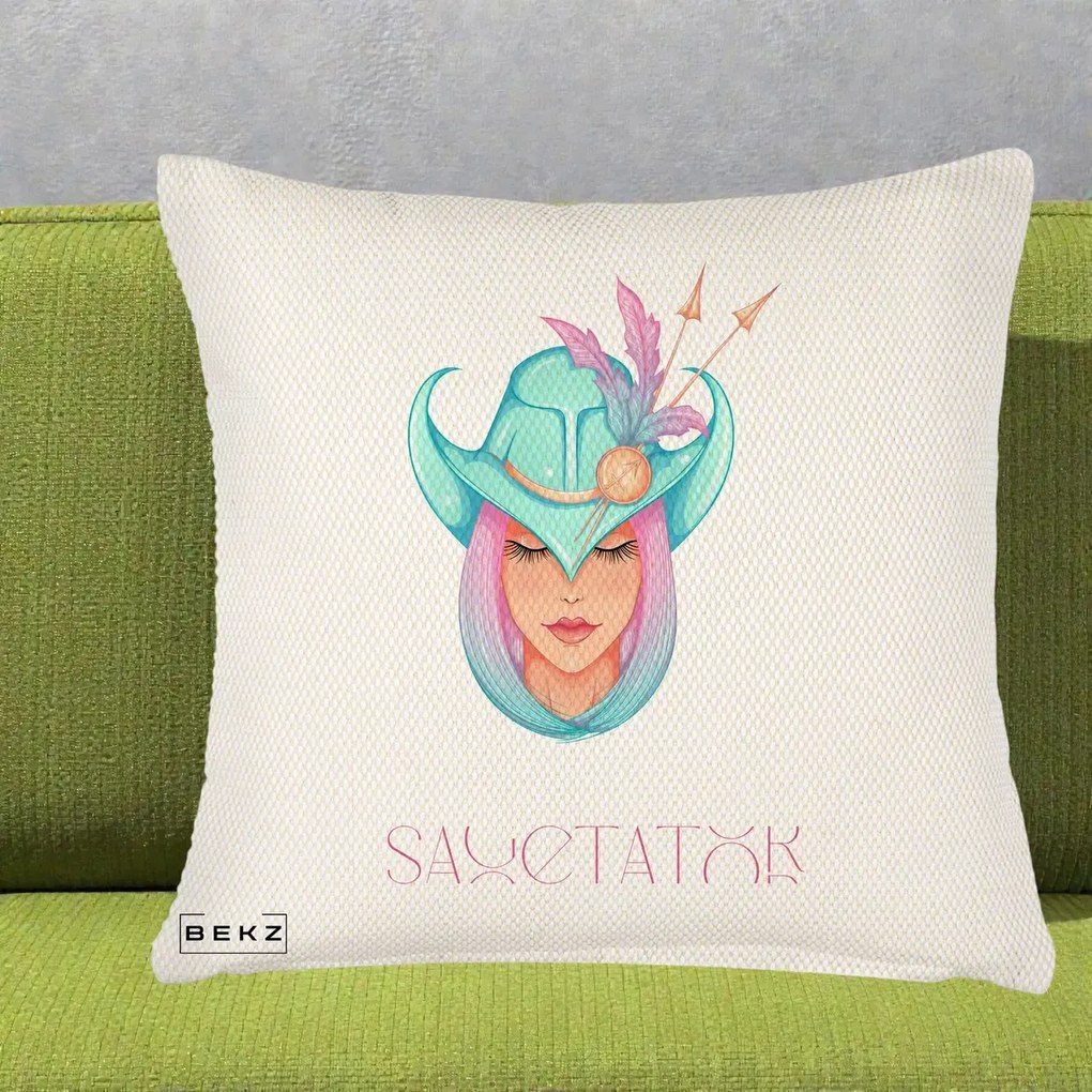 Perna Personalizata Zodiac Sagetator Cowgirl, 40x40 cm, Crem Reliefat, Husa Detasabila, Perna Inclusa, BEKZ®