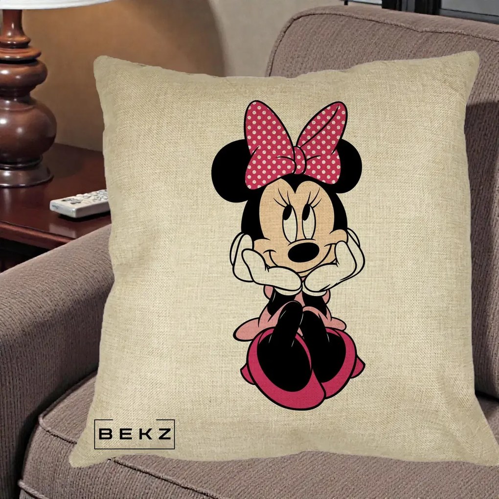 Perna Personalizata Minnie Mouse cu Fundita, 40x40 cm, Crem, Husa Detasabila, Perna Inclusa, BEKZ®