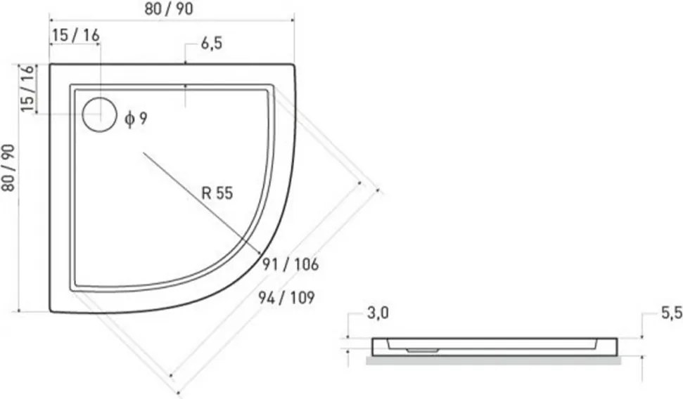 Cădiță de duș universală curbată ARON90 90x90x5,5 cm