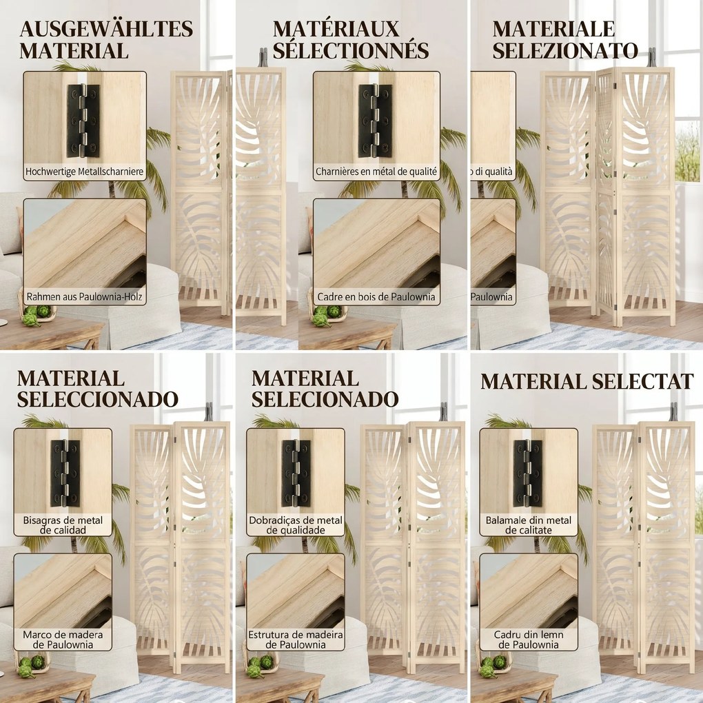 HOMCOM Paravan cu 3 Panouri, Separator Pliabil cu Design Frunze pentru Interior, Finisaj Natural | Aosom Romania