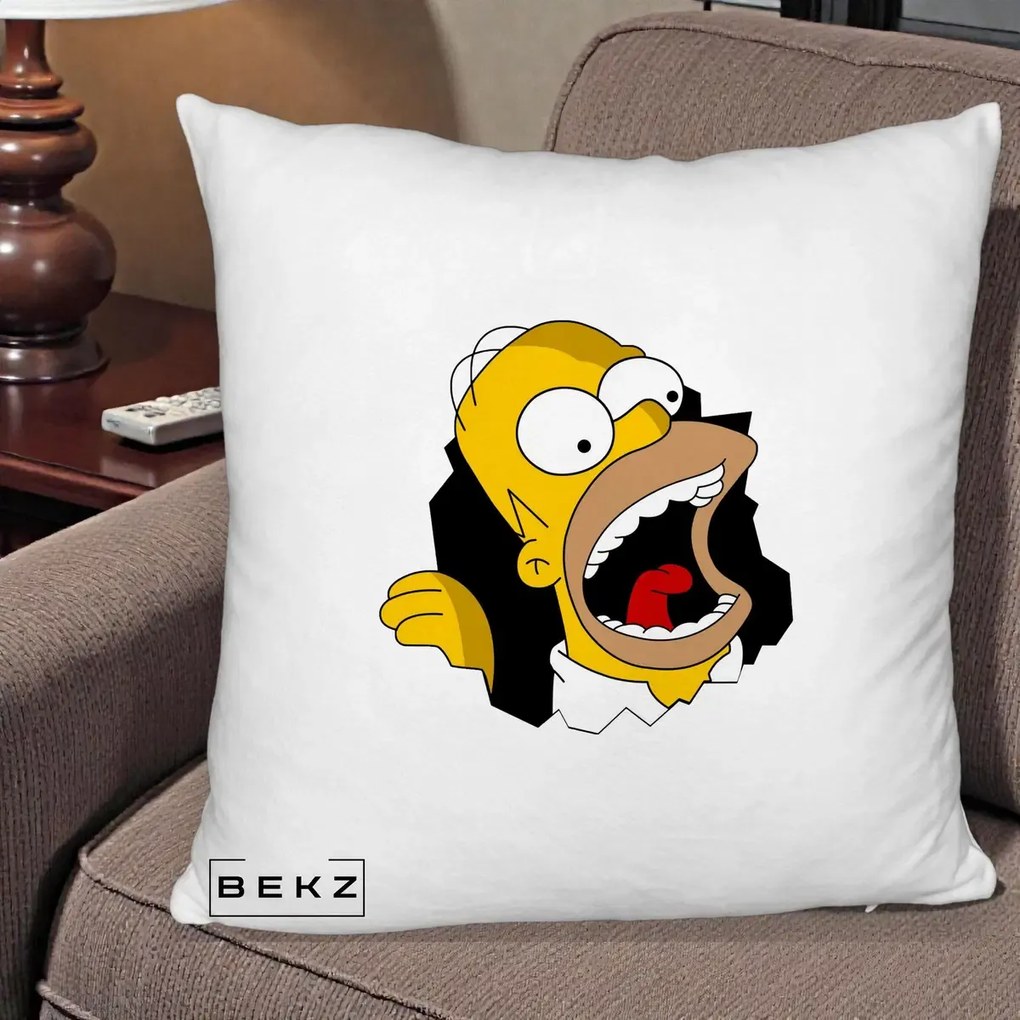 Perna Personalizata Homer Simpson Surpriza, 40x40 cm, Alb Pufos, Husa Detasabila, Perna Inclusa, BEKZ®