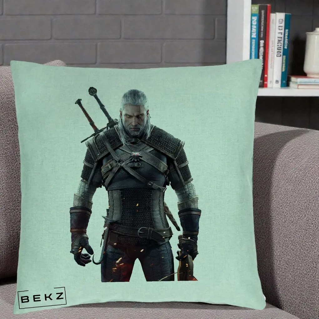 Perna Personalizata The Witcher Geralt of Rivia Portret, 40x40 cm, Verde Menta, Husa Detasabila, Perna Inclusa, BEKZ®