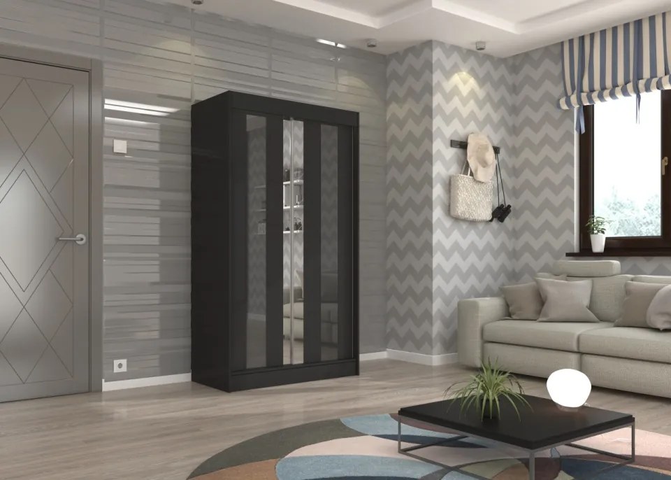 Dulap cu usi glisante si oglinda 120x215 cm, Keita, ADRK Furniture (Culoare: Sonoma / Ciocolată Lacobel)