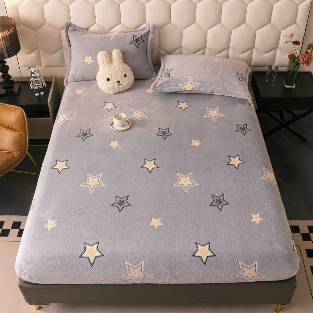 Husă de pat cu elastic, cocolino, 230x250 cm, 2 fețe de pernă, gri cu stele