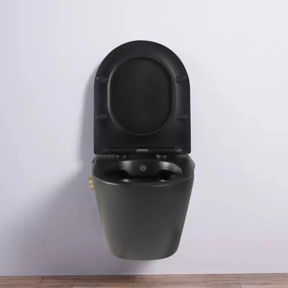 Vas wc suspendat cu functie bideu, negru mat, apa calda rece, rimless, baterie inclusa auriu mat Foglia Oslo Baterie auriu mat