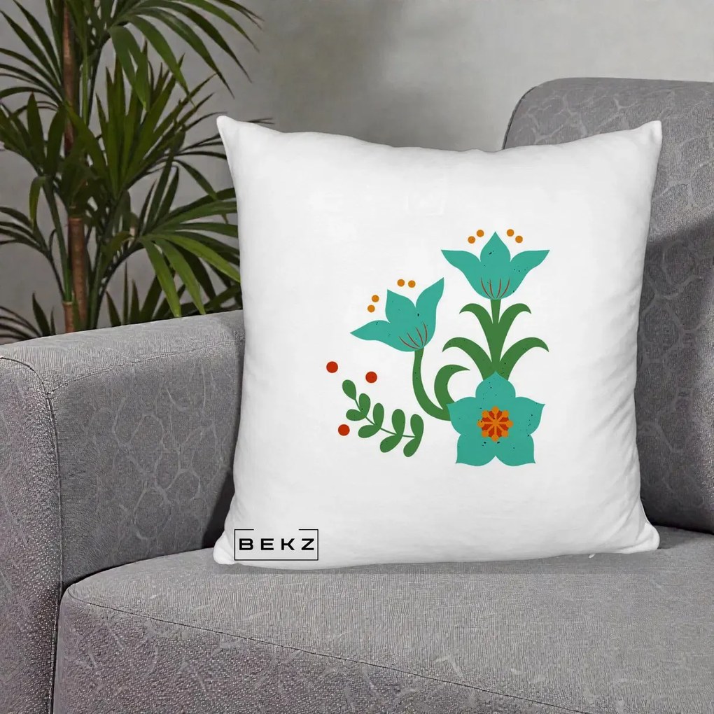 Perna Decorativa Flori Stilizate Folk Turcoaz, 40x40 cm, Alb Pufos, Husa Detasabila, Perna Inclusa, BEKZ®