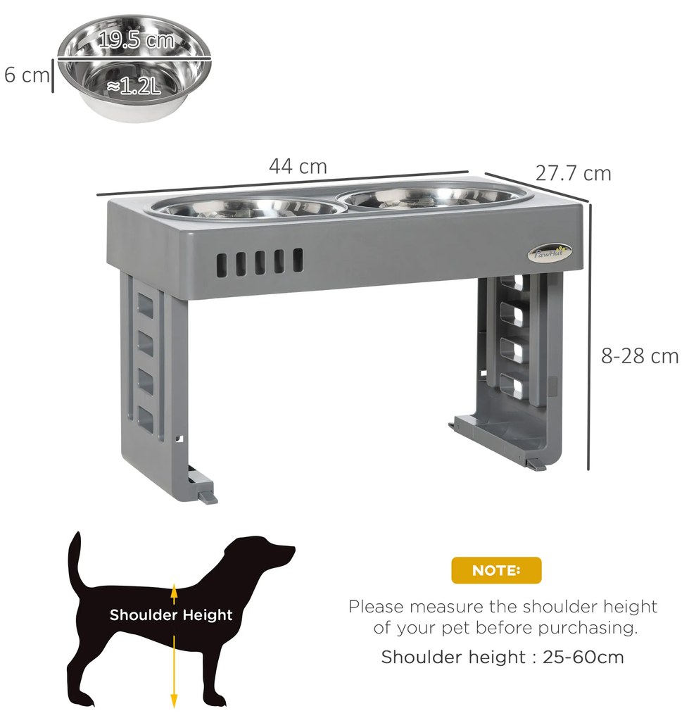 PawHut Set 2 Boluri pentru Câini de 1.2L cu Picioare Detașabile, Bol pentru Câini, Înălțat din ABS și Oțel, 44x27.7x28 cm, Gri | Aosom Romania