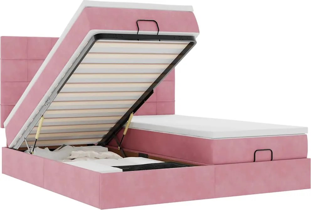 vidaXL Cadru de pat otoman cu saltele Roz 200x200cm catifea