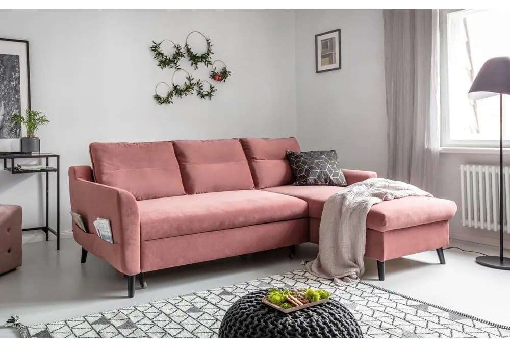 Colțar extensibil din catifea cu șezlong pe partea dreaptă Miuform Stylish Stan, roz
