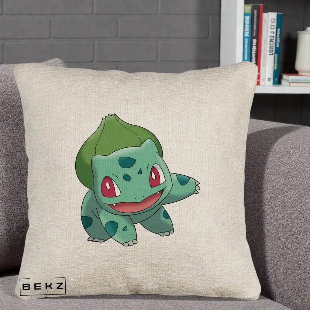 Perna Personalizata Bulbasaur Pokemon, 40x40 cm, Bej Canapea, Husa Detasabila, Perna Inclusa, BEKZ®