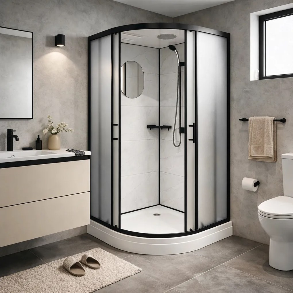 Cabina de dus semirotunda Paris-90, dimensiune 90×90 cm, panouri compozit cu aspect de faianta