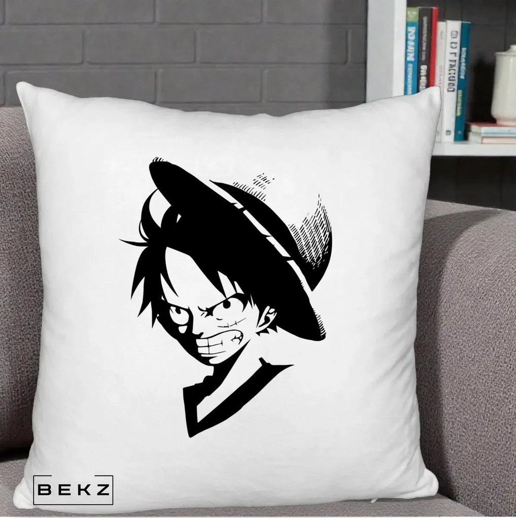 Perna Personalizata One Piece Luffy Silueta Alb-Negru, 40x40 cm, Alb Pufos, Husa Detasabila, Perna Inclusa, BEKZ®