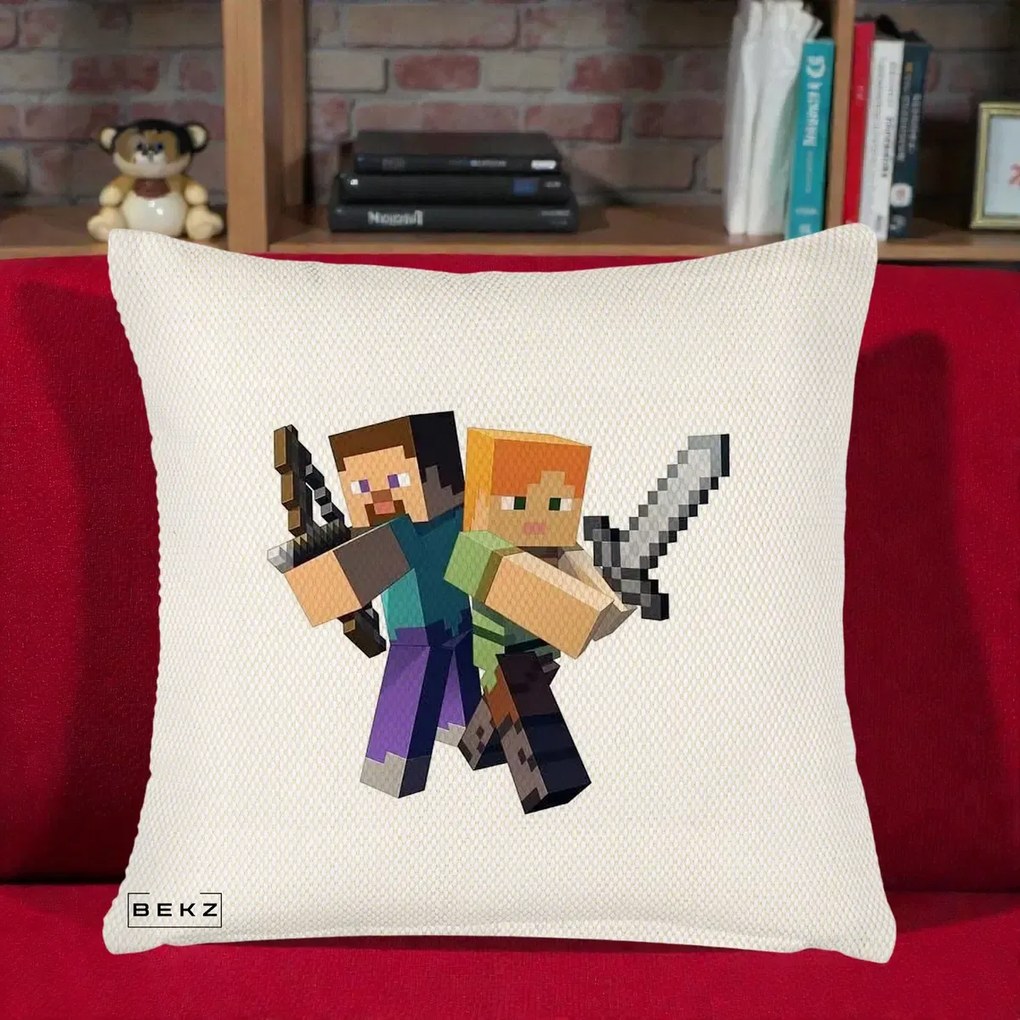 Perna Personalizata Minecraft Steve si Alex, 40x40 cm, Crem Reliefat, Husa Detasabila, Perna Inclusa, BEKZ®