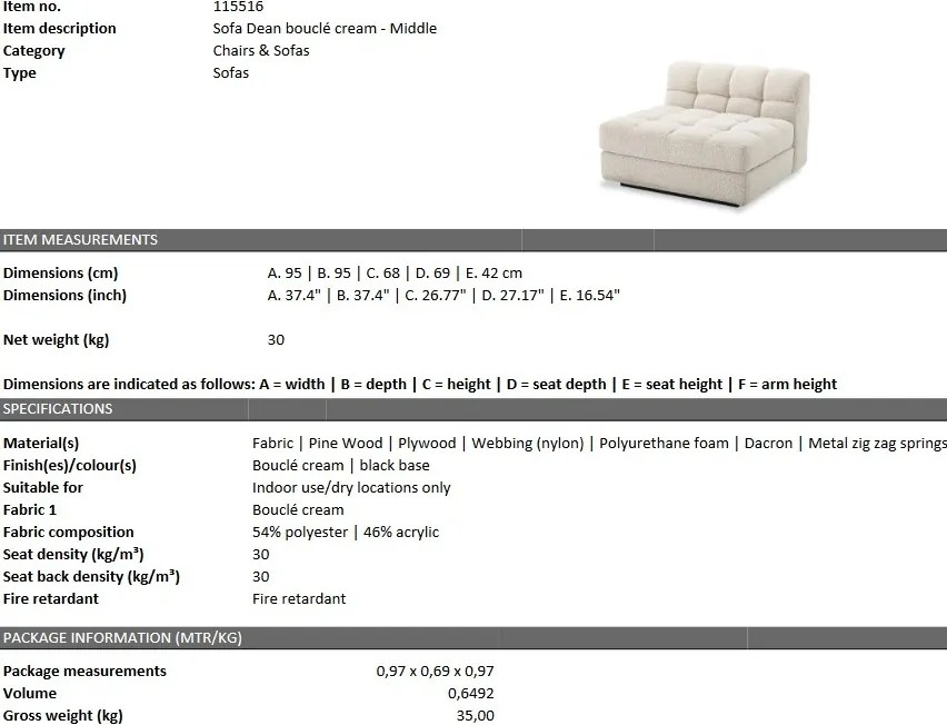 Canapea, Modul centru design elegant LUX Dean middle, boucle crem 115516 HZ