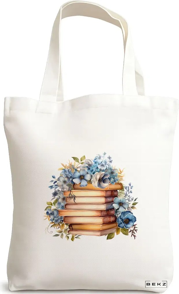 Sacosa de Panza pentru Cumparaturi, Geanta Tote, model Books and flowers 16 38 x 34.5 cm, Alba, BEKZ®
