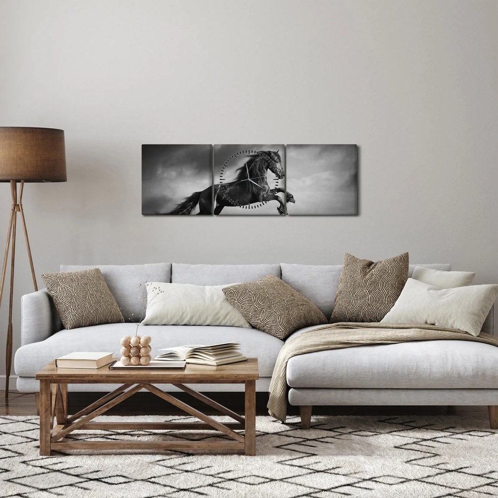 Tablou - Cal alb și negru (cu ceas) (90x30 cm)