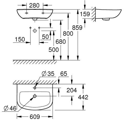 GROHE 39421000 - Lavoar suspendat BAU CERAMIC 609 × 442 mm ceramică/alb