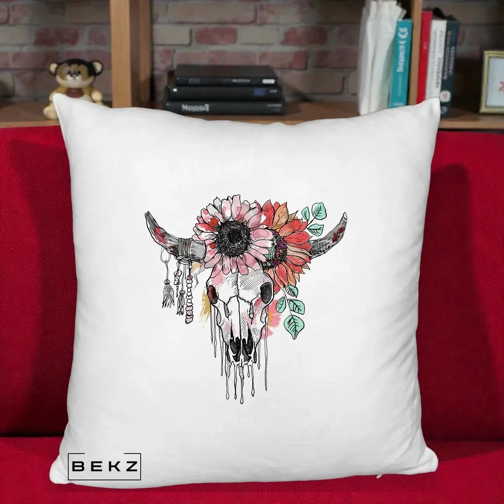 Perna Decorativa Craniu Boho Floral, 40x40 cm, Alb Pufos, Husa Detasabila, Perna Inclusa, BEKZ®