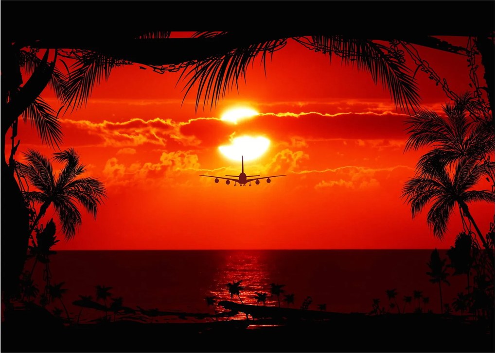 Tablou pe sticlă - apus de soare cu avion (70x50 cm)