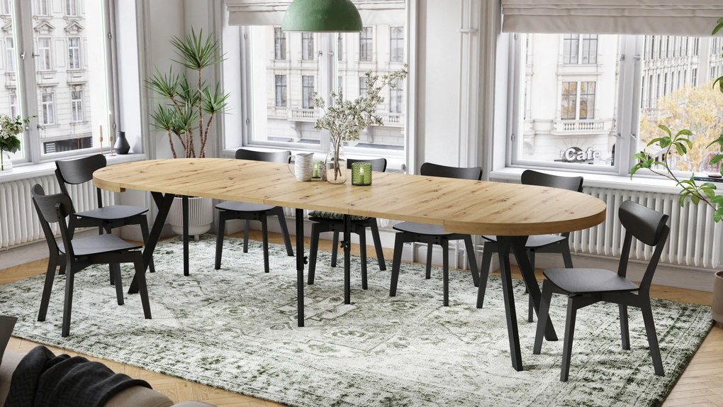 Mazzoni EXPANSO Stejar Artisan/picioare negre - MASĂ MARE ROTUNDĂ Ø110 EXTENSIBILĂ PÂNĂ LA 310 cm CU PICIOARE Y LOFT/INDUSTRIALĂ