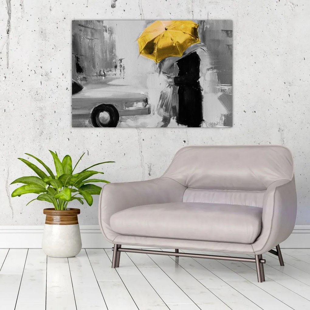 Tablou - Cuplu în dragoste sub o umbrelă, galben (90x60 cm)