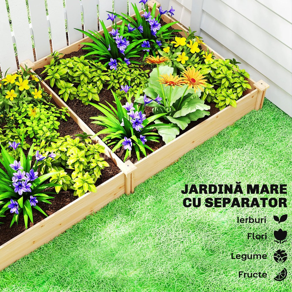 Outsunny Grădină Ridicată de Exterior cu Separator Central și Bază Deschisă, Jardinieră din Lemn de Brad, pentru Flori, Legume, Balcon sau Grădină, 235x121x26 cm, Culoare Lemn | Aosom Romania