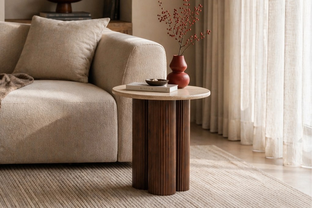 Măsuță de cafea rotundă Massia Mini 50 cm pentru living - travertin / nuc