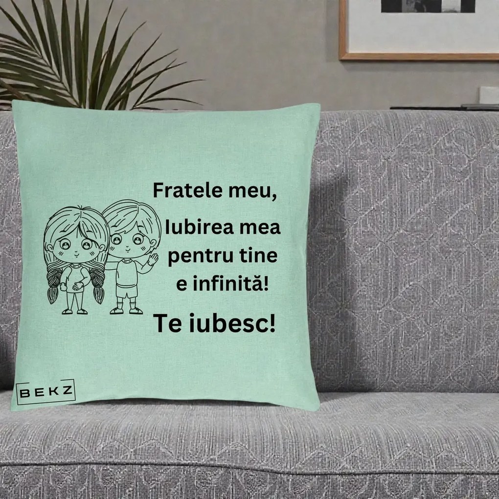 Cadou pentru Frate - Perna Personalizata Fratele Meu Te Iubesc Copii Anime Line Art Negru, 40x40 cm, Verde Menta, Husa Detasabila, Perna Inclusa, BEKZ®