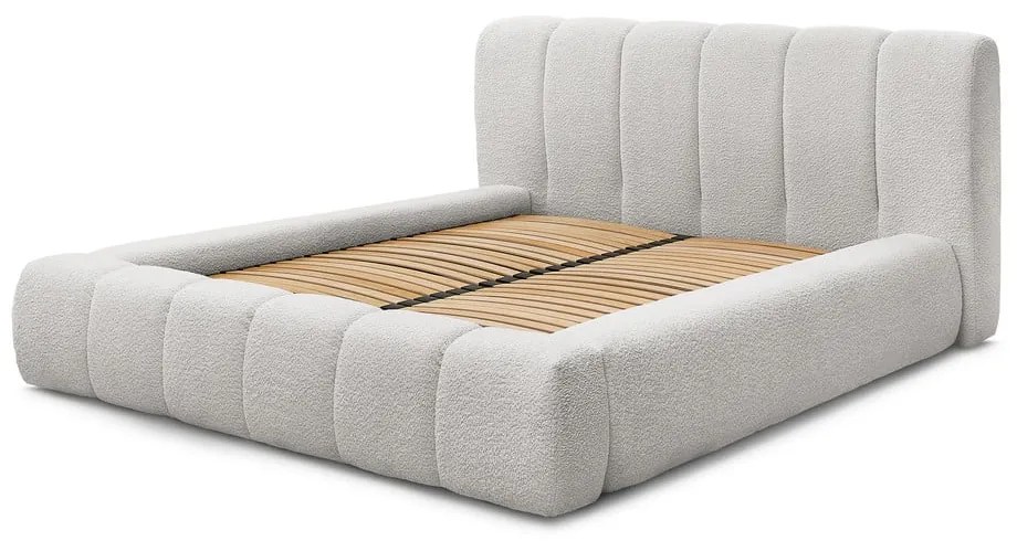 Pat matrimonial gri deschis tapițat cu spațiu de depozitare cu somieră 160x200 cm Denali – Bobochic Paris