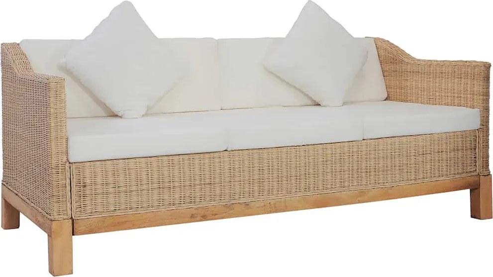 vidaXL Canapea cu 3 locuri cu perne, culoarea naturală, ratan