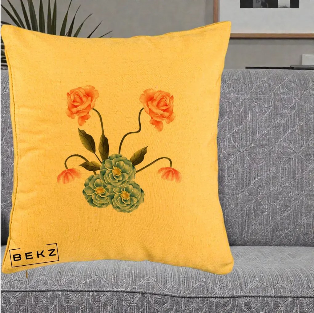 Perna Decorativa Trandafiri si Bujori Acuarela, 40x40 cm, Galben, Husa Detasabila, Perna Inclusa, BEKZ®